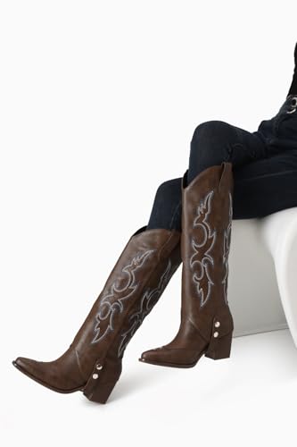 Women's Knee High Boots Pointed Toe Chunky Mid Heel Western Cowboy Boots For Women Wide Calf Riding Boot4