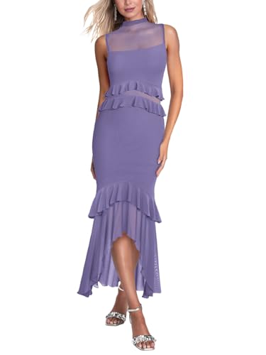Image of Aisbei Women's Elegant Bodycon Maxi Dress Mock Neck Sleeveless Mesh Ruffle Dress Party Cocktail Formal Wedding Guest Dresses