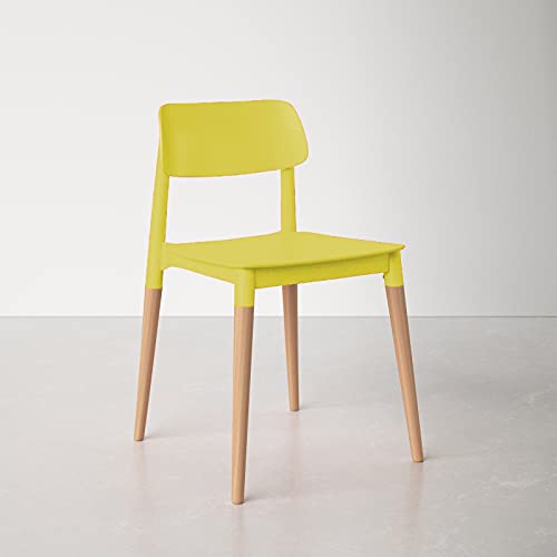 Image of Finch Fox Bella Dining Chair /Cafeteria Chair /Cafe Chair /Armless Side Chairs Molded ABS Plastic with Wood & American Mid-Century Styling in Yellow Color