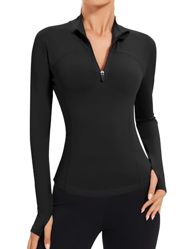 IECCP T-Shirt Damen Gym Top Sport Oberteil Yoga Langarm Crop Top Sportshirt Leicht Fitness Oberteil mit 1/4 Reißverschluss und Daumenloch Schwarz S