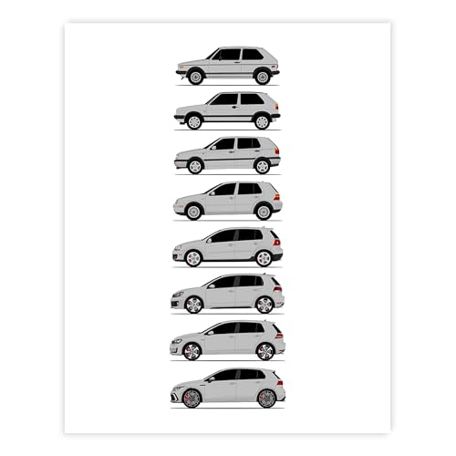 Custom Car Posters ��� �t�H���N�X���[�Q�� �S���t GTI (Volkswagen Golf GTI) �W�F�l���[�V�����Y�i�T�C�h�r���[�j�|�X�^�[ �E�H�[���A�[�g VW GTI�i�Ԏ�FMK1 - MK8�j ���C�g�V���o�[ 40 x 50