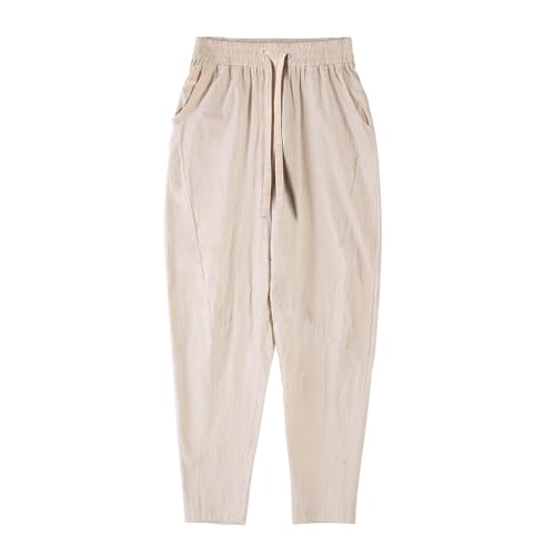 Calça masculina de algodão e linho com cordão na cintura elástica solta perna reta calças de verão l