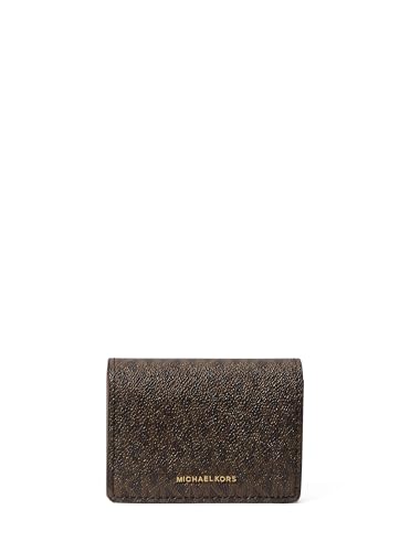 Michael Kors Estojo para cartão Jet Set com aba pequena, ferragens douradas/sarja revestida com assinatura MK/marrom/bolota