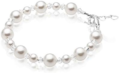 Baby Crystals Sterling Silver Charm Bracelets for Girls -Girls Jewelry with High end European White Simulated Pearls and European Crystals – Birthday gifts, Pearl Bracelet for girls