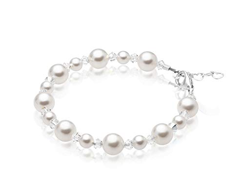 Baby Crystals Sterling Silver Charm Bracelets for Girls -Girls Jewelry with White Simulated Pearls and Swarovski Crystals – Birthday gifts, Pearl Bracelet for girls