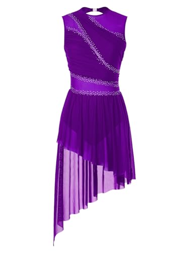 Miutii Vestido de patinaje artístico para mujer, sin mangas, brillante, vestido de ballet con falda asimétrica, vestido de danza lírico, moderno y contemporáneo, morado, S