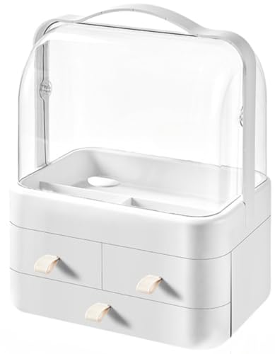 Wunnicx メイクボックス大容量 取っ手付き 多機能化粧品収納ボックス コスメ収納 化粧ボックス 蓋付き 防塵 防水 メイクボックス 卓上 透明3層 口紅収納スタンド引き出し付き (ホワイト)