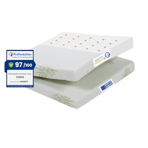 Kiby® Reisebettmatratze 120x60 cm | Höhe 7cm | (Oeko-TEX® & Certipur™ Zertifiziert) Atmungsaktiv aus Aloe Vera, Faltbare
