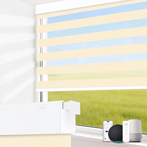 Image of No Drill Motorized Blinds with Remote,75% Blackout Electric Zebra Shades Light Filtering, Dual Layer Smart Automatic Zebra Blinds for Indoor Windows,Compatible with Alexa,Google,Beige,Custom Sizes