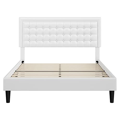 Hifit Bed Frame Full Size, Upholstered Platform Bed With Button Tufted Adjustable Headboard, Modern Faux Leather Upholstered Mattress Foundation, No Box Spring Needed, Easy Assembly, White #TOP7