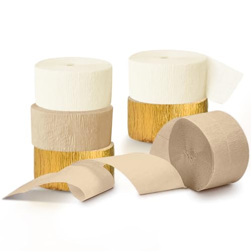 Image of NICROHOME EUR Wedding Decorations, 6 Rolls Ivory White Gold Light Brown Crepe Paper Streamers for Bridal Shower, Birthday Party, Golden Engagement Party, New Year Decorations 82 Ft Long