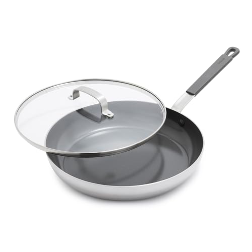 GreenPan x Bobby Flay Stainless Steel 12” Frying Pan Skillet & Glass Lid, Professional Grade Tri-Ply, Multiclad, PFAS-Free Ceramic Nonstick, Induction Suitable, Dishwasher & Oven Safe,Stay Cool Handle by GreenPan - Used condition - US$44.60