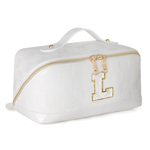 Initial Makeup Bag Large Capacity Travel Cosmetic Bag for Women PU Leather Open Flat Toiletry Bag with Handle and Divider Personalized Gifts for Women (Cream White L)