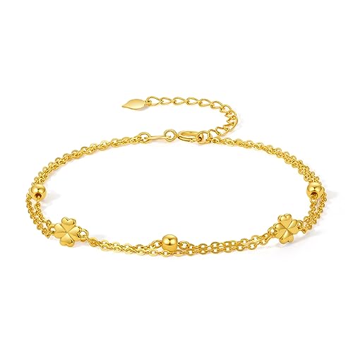 18K Gold Bracelet for Women Clover Chain Bracelets Lucky Leaf Charm Link Adjustable Bangle Trendy Dainty Charms Yellow Gold Bead Cute Stackable Cuff Stackable Thin Bangles Flower Jewelry 18kt Gift