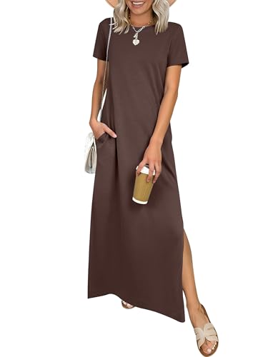 ANRABESS Womens Summer Casual Maxi Dress Short Sleeve Crewneck Split Wrinkle-Free Travel Long Sundress Beach Vacation Clothes Brown X-Large