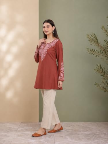 Image of QAZMI Women Aari Embroidered Viscose Rayon A-Line Full Sleeves Short Kurti