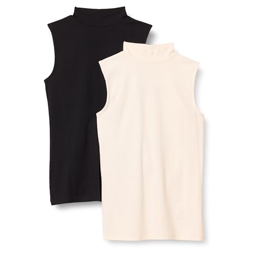 Amazon Essentials Top Senza Maniche in Maglia a Costine Slim Fit con Scollo a Lupetto Donna, Pacco da 2, Nero/Bianco Guscio D'uovo, XL