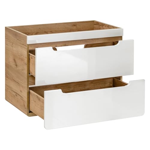 Lomadox Badmöbel Set in Hochglanz weiß mit Wotan Eiche Nb., 81 cm Waschtisch-Unterschrank mit Keramik-Waschbecken, LED-Spiegelschrank, 3 Hängeschränke, Hochschrank