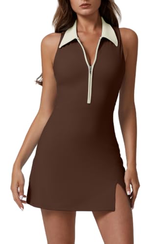 Image of QINSEN Womens Zip Front Tennis Dress Polo Collar Racer Back Workout Golf Dresses Build in Shorts with Pockets