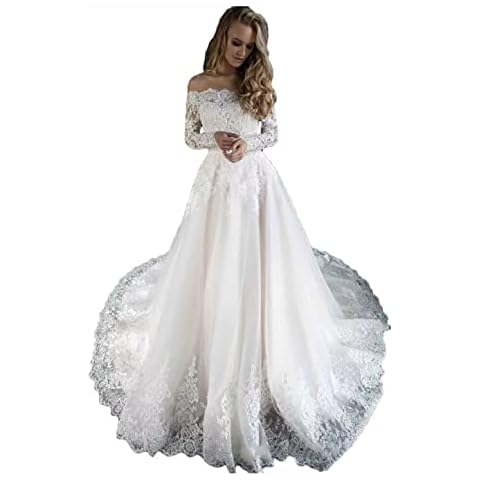 Rmaytiked Off The Shoulder Wedding Dresses for Bride Long Sleeves Lace Beaded Wedding Bridal Gowns White Cover