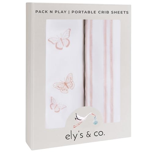 Image of Ely's & Co. Pack and Play Sheets, for Mini/Portable Crib, 2 Pack Fitted Playpen Play Yard Sheet Set Compatible with Graco Pack n Play, for Baby Girls, 100% Cotton, 38”x24”x5” Pink Butterfly + Stripes