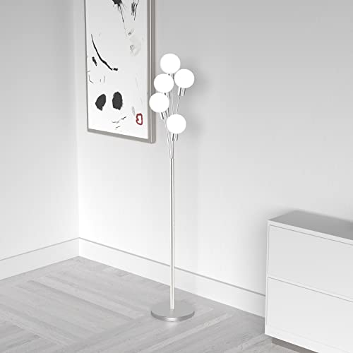 Dainolite 5Lt Incandescent Floor Lamp, Satin Chrome With White Glass, Led Compatible, Standing Dimmable Floor Lamp For Home Decor, Bedroom, Living Room, Or Office, Great For Reading, Ambient Lighting #TOP1