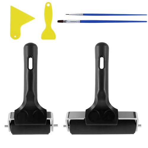 JRSHIRLEYLTD 2 Stück Gummiwalze, Linoldruckwalze, Malerwalze mit 2 Stück Schabern und 2 Stück Pinseln, für DIY, Blockdruck, Malerei, Hartgummiwalze, Gummiwalzen