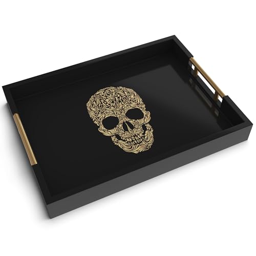 Gothic Skull Serving Tray with Gold Handles – Black Gloss Wooden...