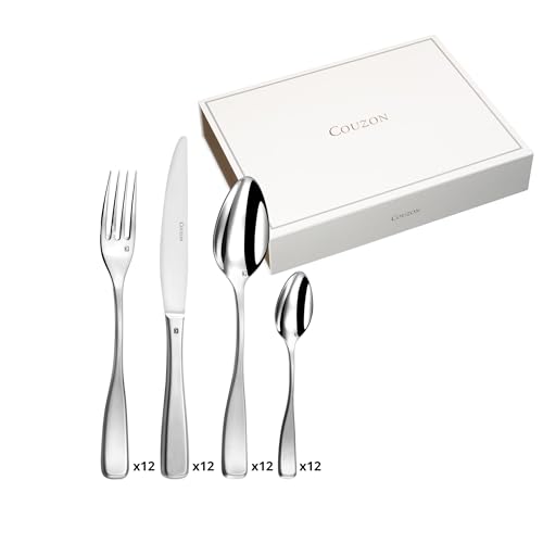 COUZON - Ménagère 48 couverts de table pour 12 personnes en coffre bois - Millenium - Acier inoxydable 18/10, Finition Satinée, Epaisseur 3.5 mm - Inox