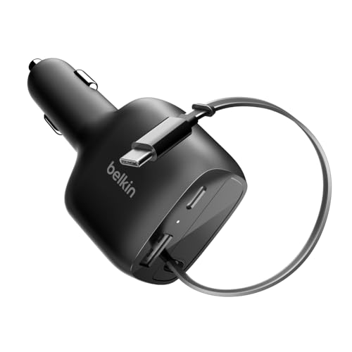 Belkin USB C Car Charger 75W w/ 30in USB C Retractable Charger, Compatible with iPhone 17 & 16 Series, Galaxy S26 Series, AirPods, Tablet, MacBook, Chromebook