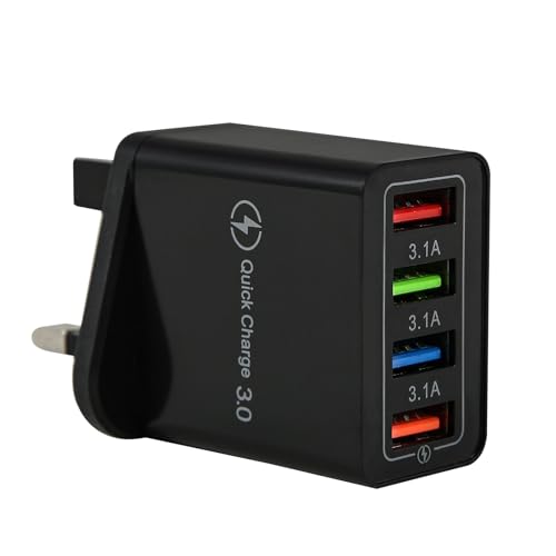 USB Plug Charger, 4-Port Fast Charge Adapter Quick Charge Fast Charging Plug Multi USB Power Adapter UK Fast Charging for iPhone 15 14 13 Pro Max X 8 7 6,Samsung S21 S20 S10 S9 (Black)