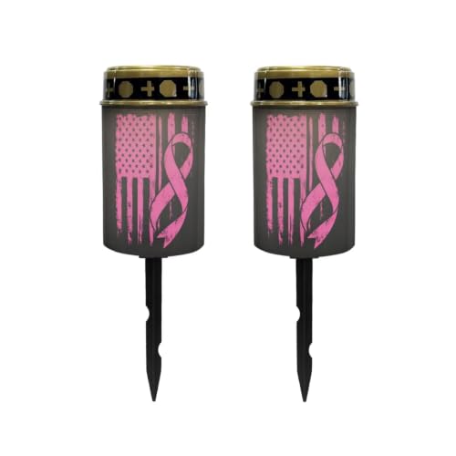 Image of Poceacles Solar Outdoor Lights Solar Grave Lights Cemetery Candles Decorative LED Automatic Flameless Candle, Pink Ribbon American Flag, Pack of 2