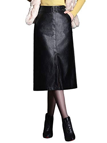 ebossy Women's High Waisted Split Slit Hem A-Line Faux Leather Midi Skirt