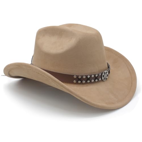 Image of Cowboy Hat for Women Men Wide Brim Western Cowgirl Hat Roll up Brim with Belt Buckle Classic Suede Country Cowboy Hat