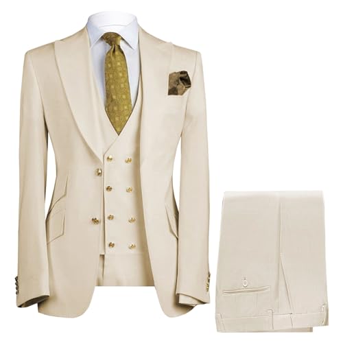 Costume trois pièces pour homme, coupe slim, veste, gilet, pantalon, beige, taille 4XL, idéal pour mariage ou bal de promo.