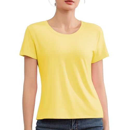 Short Sleeve T Shirts for Women Basic Tees Cropped Tshirts Casual Summer Tops Crewneck Plain Petite Tops(Yellow,X-Large)