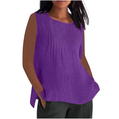 RLEHJN Musselin Tank Top Damen,Lang Trägertop Locker T-Shirt Lässige Baumwoll Leinen Tanktops Sommer Plissierte Ärmelloses Tunika Leichte Damen T-Shirt Strand Vest Blusentop Übergröße S-5XL
