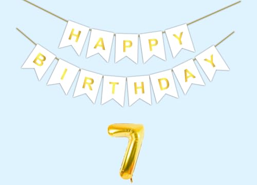 Image of 7th Happy Birthday Decoration Kit White for 7 year Old Boys Girls Kids with Number Seven Party Decorations Decor Celebration Items Item Set Combo Reusable Paper Banner