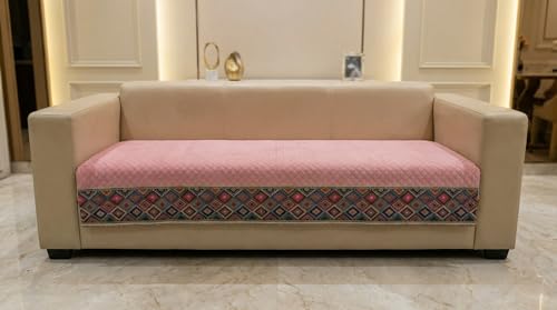 Image of Velvet Quilted Sofa Cover Mat Seat & Back, L Shape 4+3, Main L90in Chaise L69in H32in, Baby Pink Color,Anti Skid Backing, 6in Hanging Strap Design, Washa, Style -BabyPink-L43