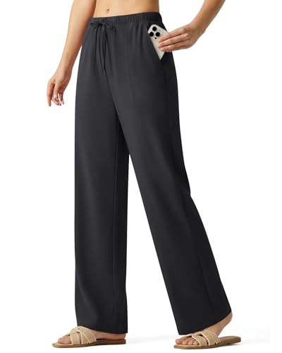 G4Free Wide Leg Pants Woman Petite Summer Travel Pants Comfy Lightweight Elastic Waist Drawstring Pants (Black M 26.5)