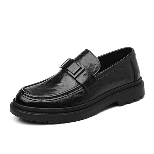 Men's Leather Chunky Heel Penny Loafers Classic Round Toe Comfortable Soft Bottom Non-Slip One-Step Business Work Formal Shoes