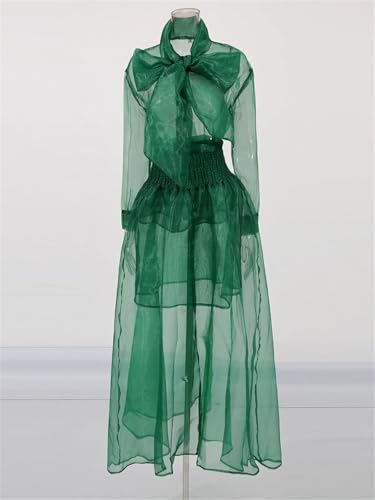 Women's Sheer Top Set - Round Neck Long Sleeve Bowknot & Skirt3