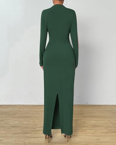 BTFBM Women Bodycon Maxi Dress Long Sleeve Back Slit Ruched Elegant Party Cocktail Formal Fall Wedding Guest Dresses(Army Green, X-Large) — view 4
