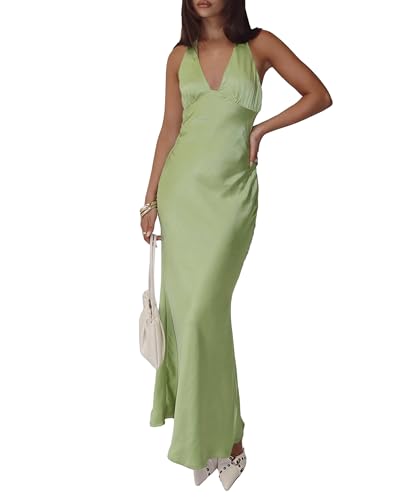 Image of Women's Satin Dresses Summer Bodycon Sexy Halter V Neck Backless Elegant Formal Prom Cocktail Wedding Guest Maxi Dress