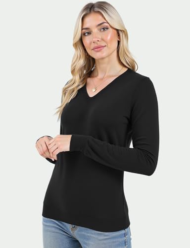 Image of Long Sleeve Knit Lightweight Sweaters Pullover V Neck Basic Spring Fall Sweaters for Women Soft Casual Tops