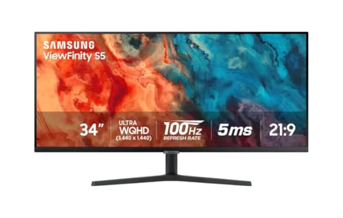 Image of Samsung 34 inch ViewFinity S50GC Series Monitor, WQHD UltraWide, 100Hz, 5ms, AMD FreeSync, Borderless Design, Black, with GSF HDMI Cable