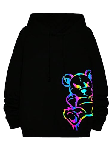 WDIRARA Men's Bear Print Drawstring Hoodie Reflective Drop Shoulder Long Sleeve Pullover Hooded Sweatshirts
