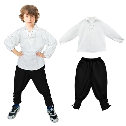 Prebene Costume da pirata medievale per ragazzi, camicia e pantaloni alla caviglia, costume rinascimentale vichingo per Halloween, Bianco e nero., 8-10T