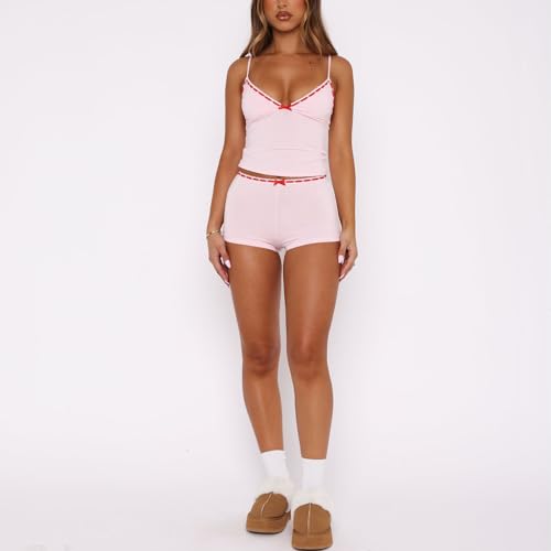 Image of Yuemengxuan Women Two Piece Outfits Y2k Boy Shorts Set Sleeveless Crop Top Button Down Shorts Set Loungewear Pajamas Set