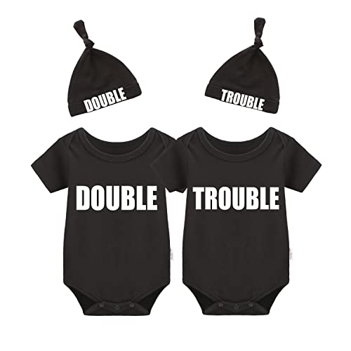 Image of YSCULBUTOL Baby Twins Bodysuits Funny Double Trouble Cute Girl Romper Twin Jumpsuits Hat Set